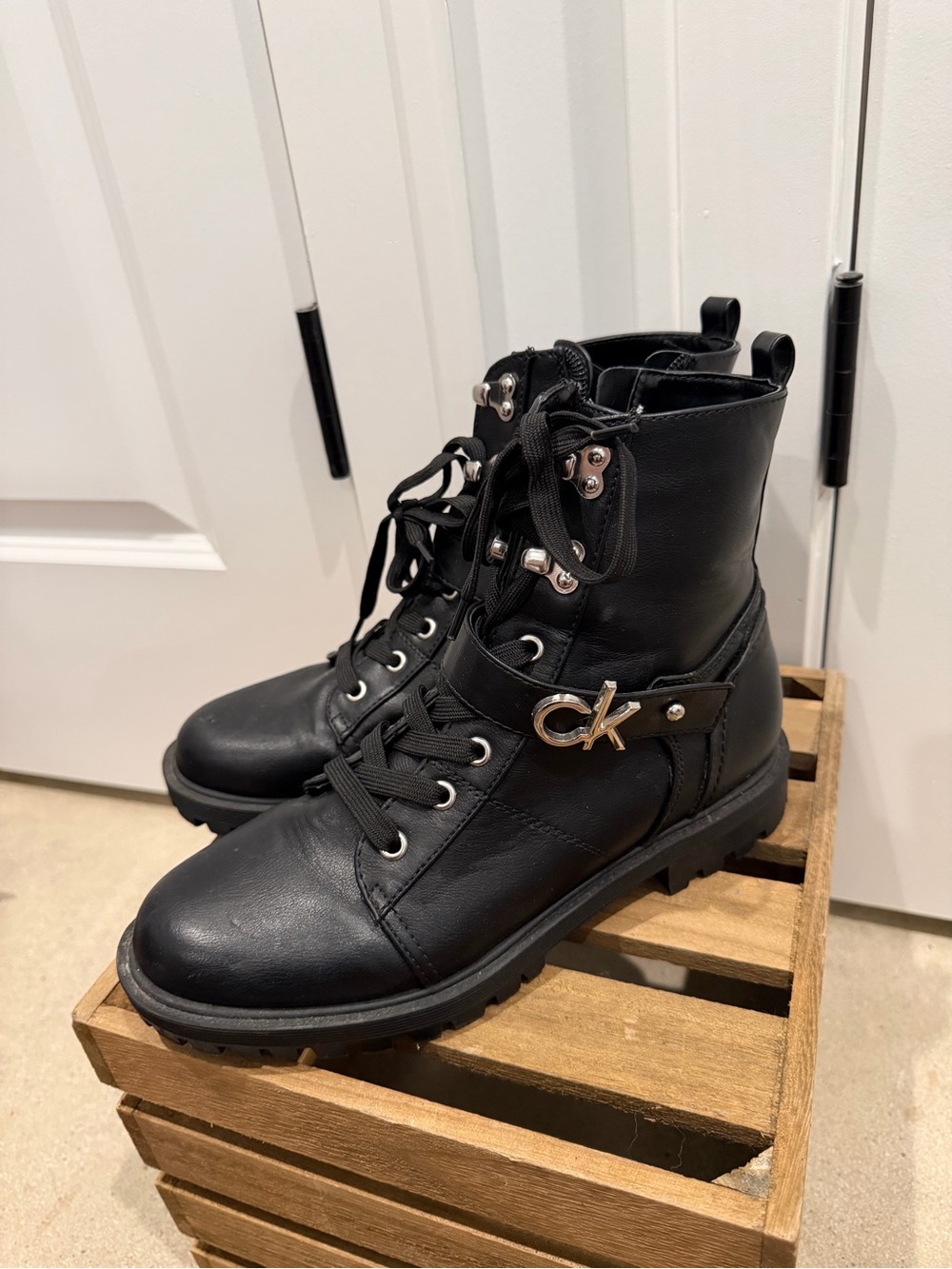 Calvin Klein Black Leather Lace-Up Ankle Boots with CK Hardware